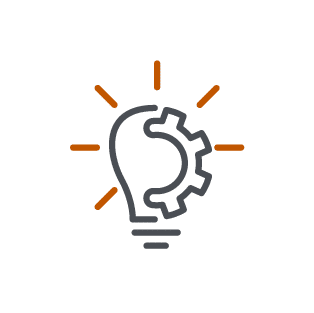 A line icon of a lightbulb with a gear inside, symbolizing problem solving.
