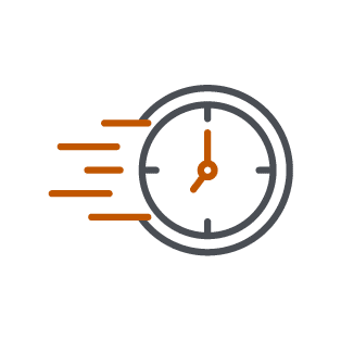 A line icon of a clock with motion lines, symbolizing rapid response.