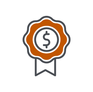 A line icon of a dollar sign badge with ribbons, symbolizing value and compliance.