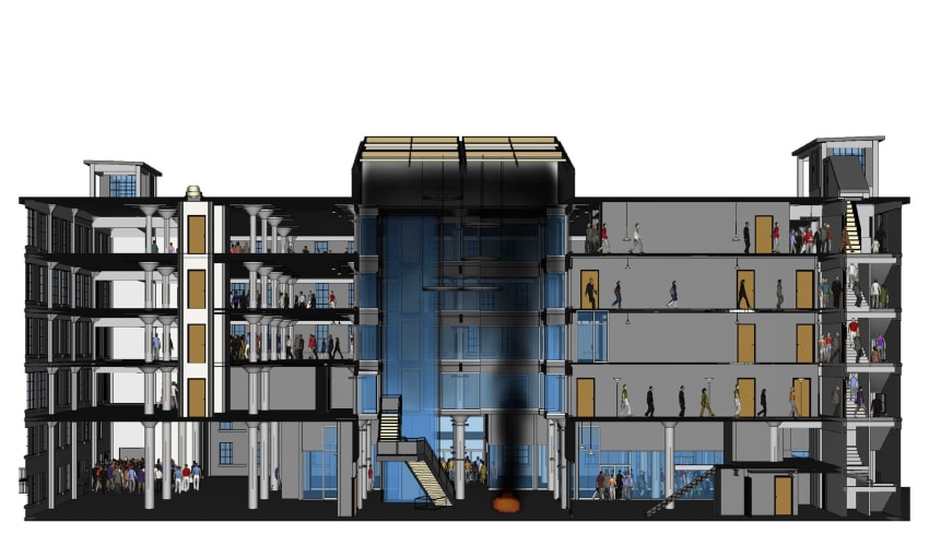 A 3D building cross-section simulation showing emergency fire egress and smoke modeling.