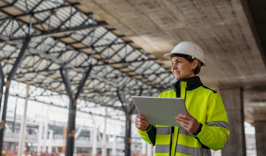 A safety consultant in a high-visibility jacket and hard hat holding a tablet on a construction site.