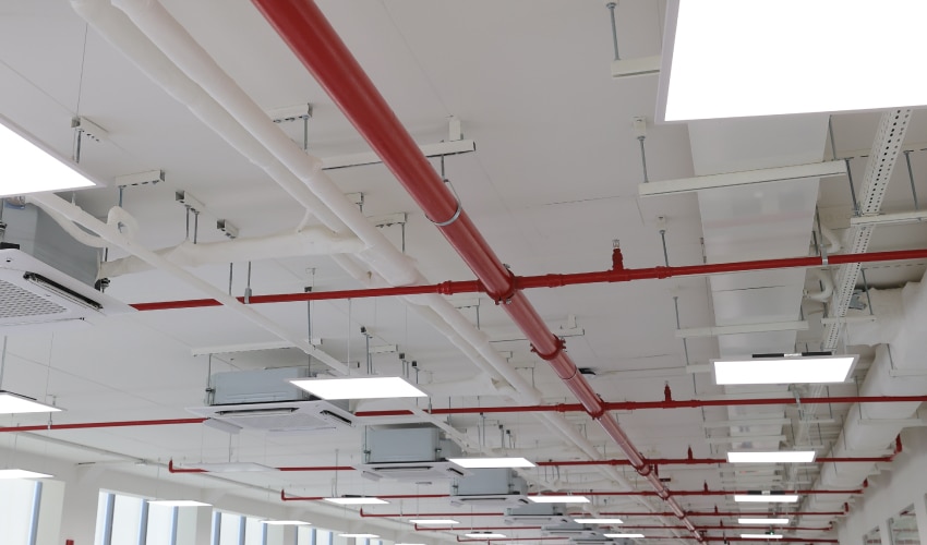Ceiling with red fire sprinkler pipes