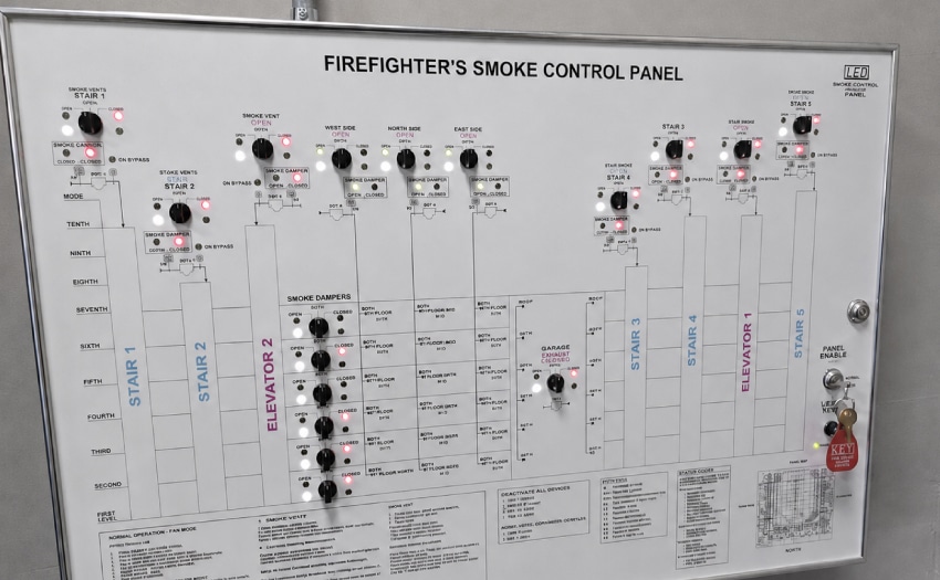A firefighter's smoke control panel with a building schematic and system indicator lights.