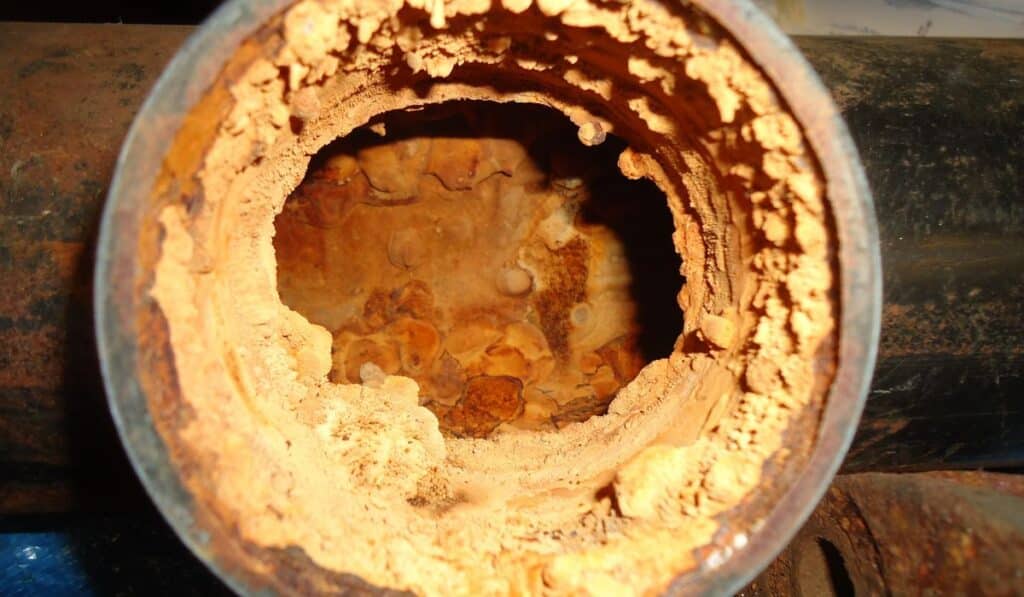Cross-section of a corroded fire sprinkler pipe with extensive iron oxide buildup and rust deposits, illustrating the internal damage that develops in aging wet pipe and dry pipe sprinkler systems.