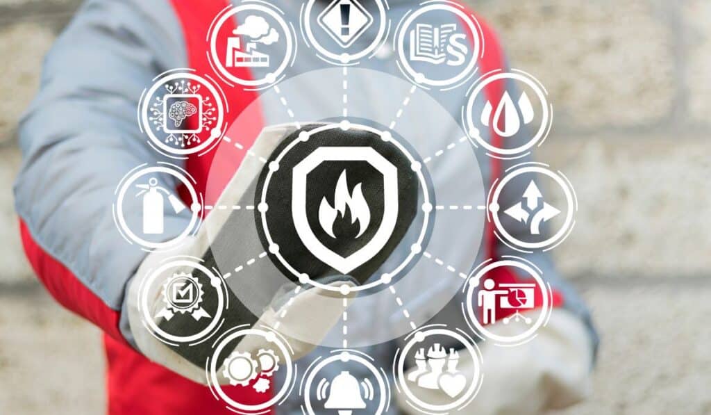 A fire protection engineer interacts with a digital display of interconnected fire protection icons, representing the integrated systems and disciplines they coordinate across a building project.